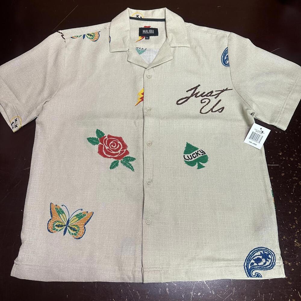 Malibu beige floral Beach print button up men’s shirt large